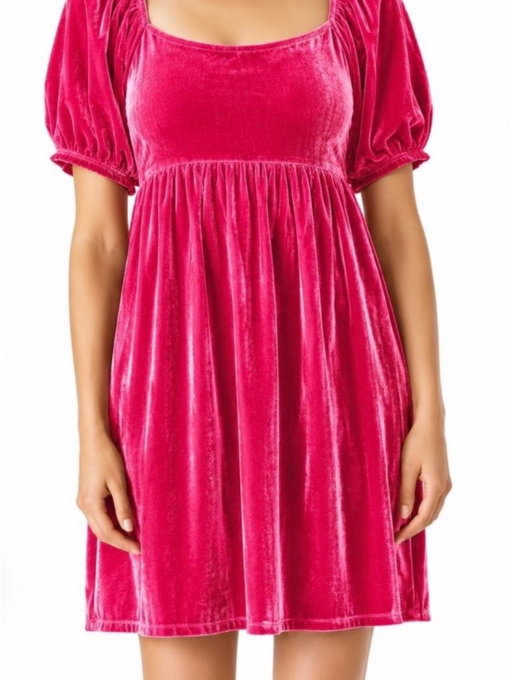 Woman’s English Factory Raspberry Velvet Puff-Sleeve babydoll Dress in Deep Pink